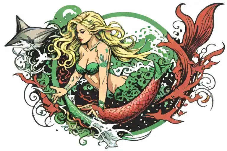 blonde mermaid with green and white tail in a circle with intimidating scarred bull shark tattoo design idea