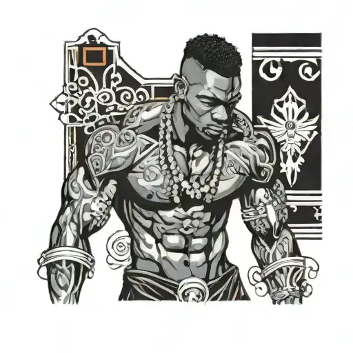 muscular black boy in clothes made from jewels tattoo design idea