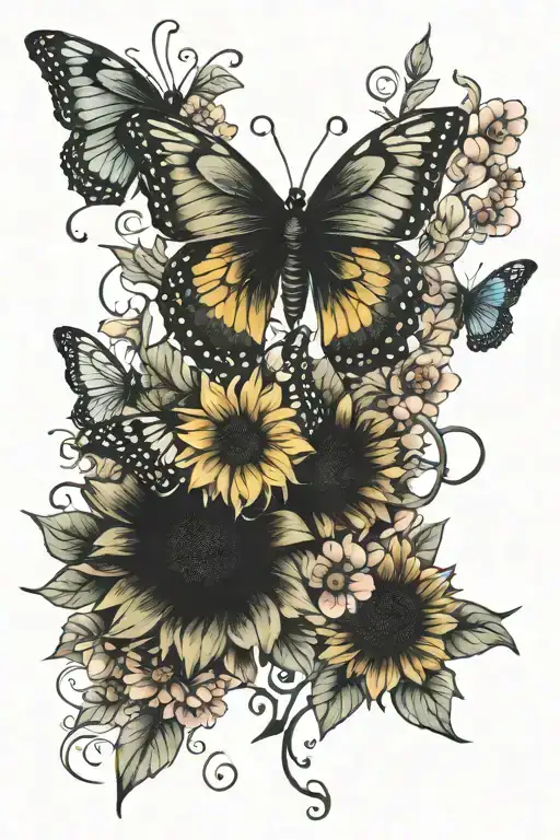 butterflies, sunflower, cherry blossom, decorative vines tattoo design idea