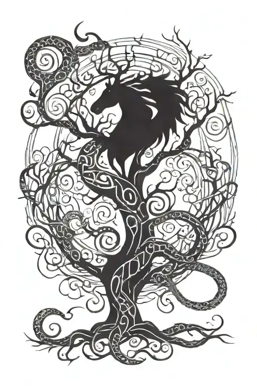 eight legged horse and giant serpent world tree for back tattoo design idea