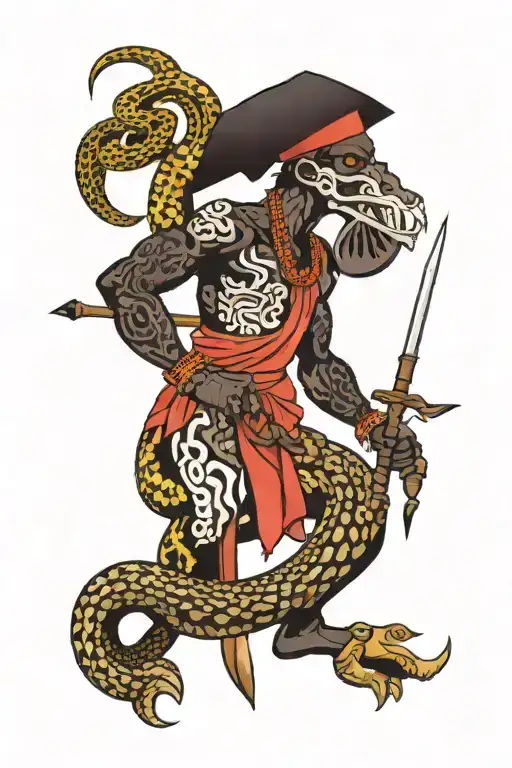 Black man with traditional Nigerian, Edo clothing with spear Striking a snake tattoo design idea
