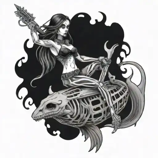 half mermaid half skeleton riding a canine searching for bombs tattoo design idea