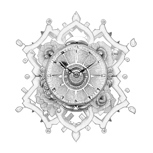 hourglass, pocket watch, pearls, gears, chains. flowers tattoo design idea
