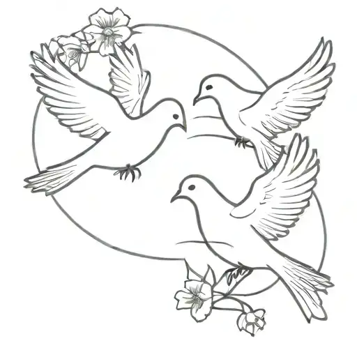 A minimalist design of two turtle doves flying together symbolizing friendship and love circling poppy and larkspur  tattoo design idea