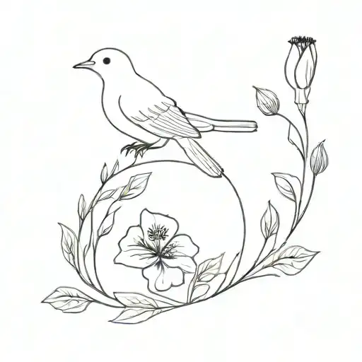 A minimalist design of a poppy and larkspur flower circled by simple turtle doves  tattoo design idea