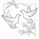 A minimalist design of two turtle doves flying together symbolizing friendship and love circling poppy and larkspur  tattoo design idea