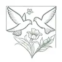 A minimalist design of two turtle doves flying together symbolizing friendship and love circling poppy and larkspur  tattoo design idea