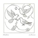 A minimalist design of two turtle doves flying together symbolizing friendship and love circling poppy and larkspur  tattoo design idea