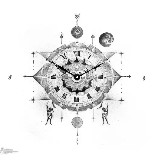 astrological clock with crow and eagle, tribal tattoo design idea