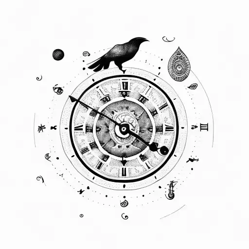 astrological clock with crow and eagle, tribal tattoo design idea