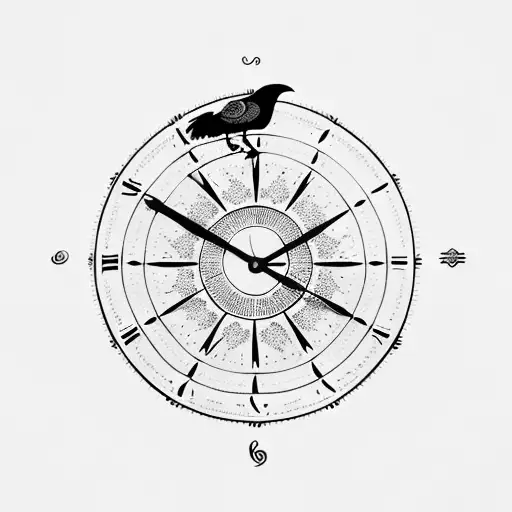 astrological clock with crow and eagle, tribal tattoo design idea