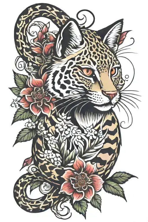 lynx snake red flowers with tattoo design idea