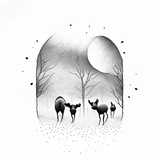 A silhouette of a family of animals walking towards a sunset tattoo design idea