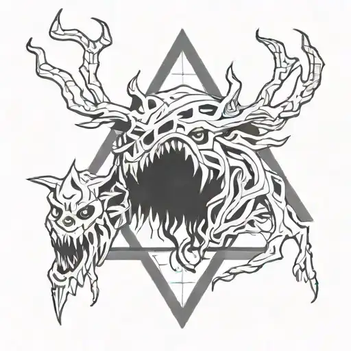 wendigo creature coming out of a triangle shape tattoo design idea