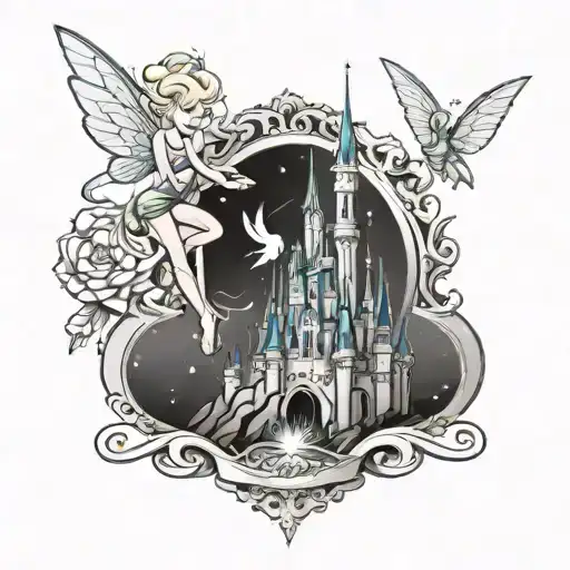 disney castle main feature of leg sleeve with tinkerbell flying around classic disney symbolism  tattoo design idea