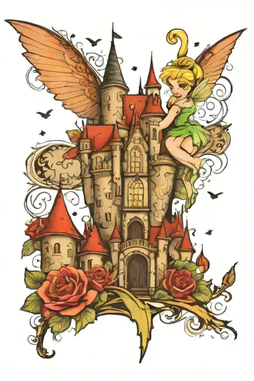 disney castle main feature of leg sleeve with tinkerbell flying around classic disney symbolism  tattoo design idea