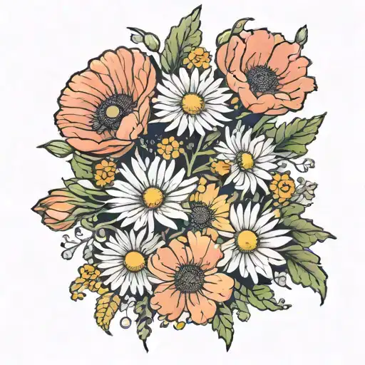 poppy, daisy, aster flower bouquet tattoo design idea