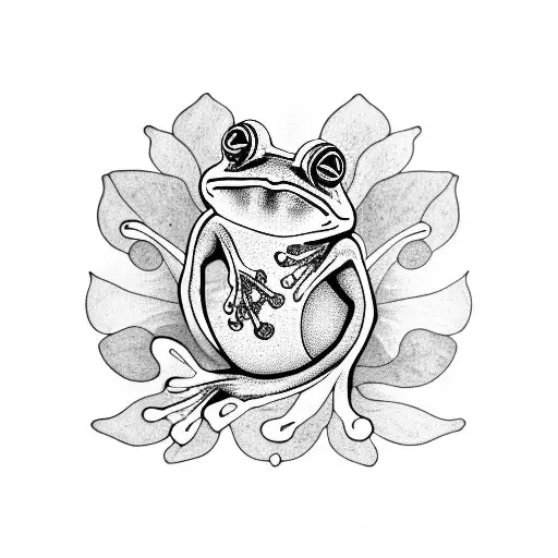 A frog perched on a lily pad, surrounded by swirling patterns inspired by Christian stained glass windows tattoo design idea