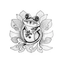 A frog perched on a lily pad, surrounded by swirling patterns inspired by Christian stained glass windows tattoo design idea