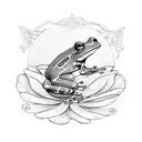 A frog perched on a lily pad, surrounded by swirling patterns inspired by Christian stained glass windows tattoo design idea