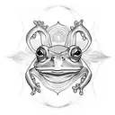 A frog perched on a lily pad, surrounded by swirling patterns inspired by Christian stained glass windows tattoo design idea