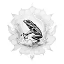 A frog perched on a lily pad, surrounded by swirling patterns inspired by Christian stained glass windows tattoo design idea