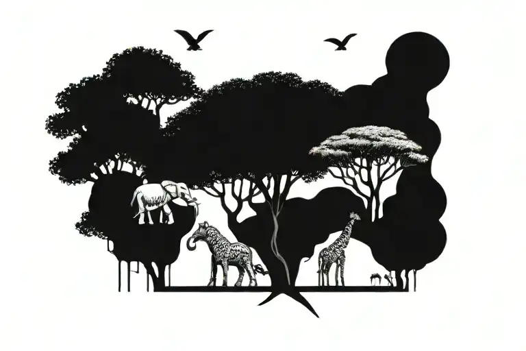 elephants, giraffes and tree growing savanna landscape tattoo design idea