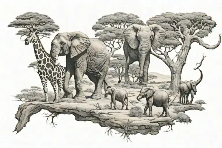elephants, giraffes and African landscapes tattoo design idea