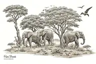 elephants, giraffes and tree growing savanna landscape tattoo design idea
