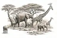 elephants, giraffes and tree growing savanna landscape tattoo design idea