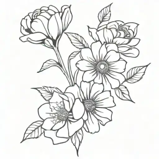 rose daisy and violet in simple bouqet tattoo design idea