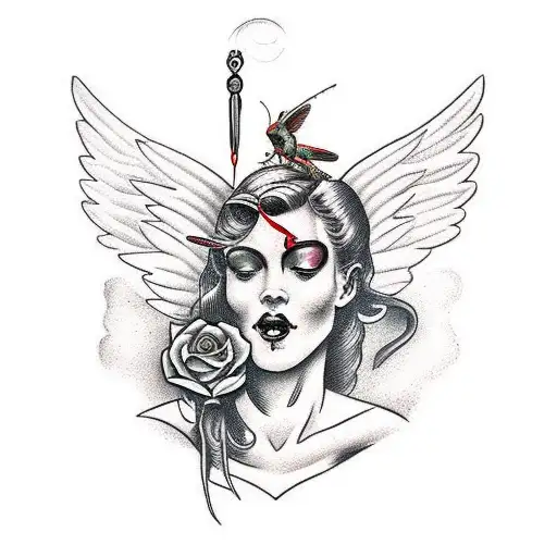 gaurdian angel with rose butterfly and a scorpion tattoo design idea
