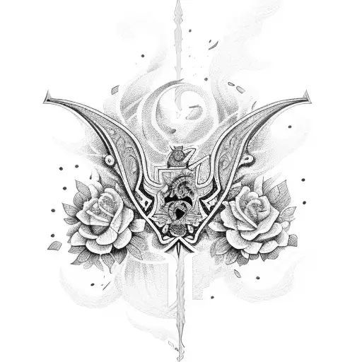 asas escudo e espada com espinhos e flores tattoo design idea