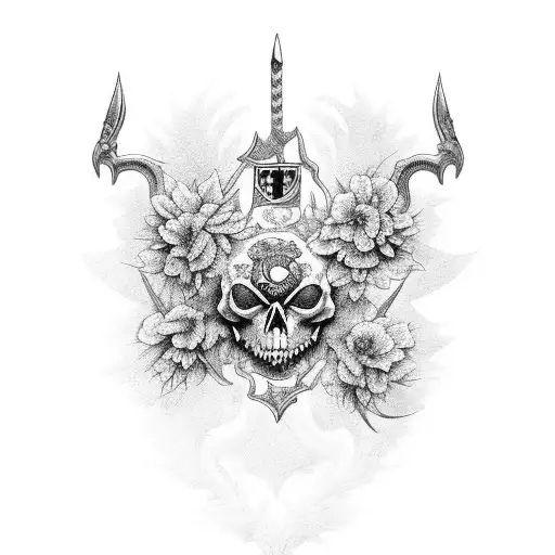 asas escudo e espada em espinhos e flores  tattoo design idea