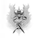 asas escudo e espada em espinhos e flores  tattoo design idea