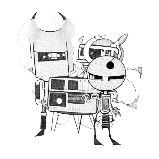 A blackwork tattoo of a doodle art scene depicting characters from Invader Zim interacting with sound equipment tattoo design idea