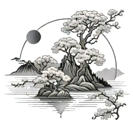 japanese cherry blossom on a island with rising sun tattoo design idea