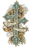 a cursive cross tattoo that spells faith, and the words " with works added to it for a rib tattoo   tattoo design idea