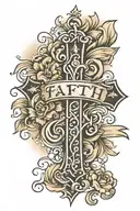 a cursive cross tattoo that spells faith, and the words " with works added to it for a rib tattoo   tattoo design idea