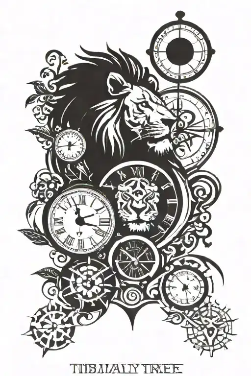 lion, clock, sand timer clock family tree tattoo design idea