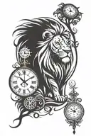 lion, clock, sand timer clock family tree tattoo design idea