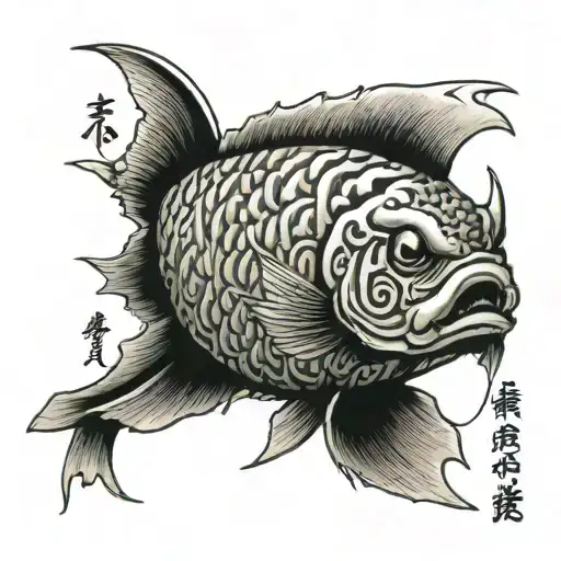 a coi fish, along with a note that says the word discipline in kanji characters tattoo design idea