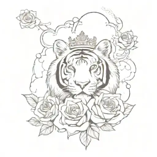 Mai bhaggo, roses, clouds, tiger with crown  tattoo design idea
