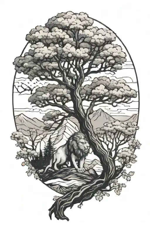 A mountain landscape with a lion peeking out from behind a tree, symbolizing strength and courage "Let it be" tattoo design idea