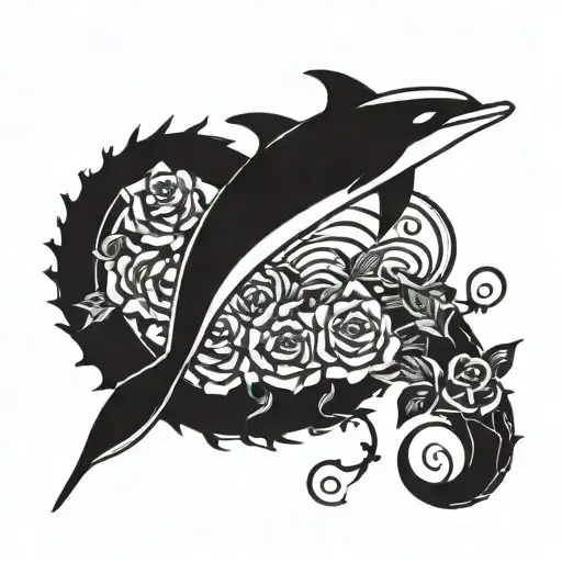 a fairy with a revolver riding a dolphin jumping a wave made of roses and barbed wire   tattoo design idea