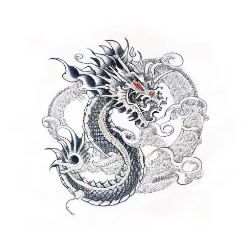 Japanese dragon with samurai and wave tattoo design idea