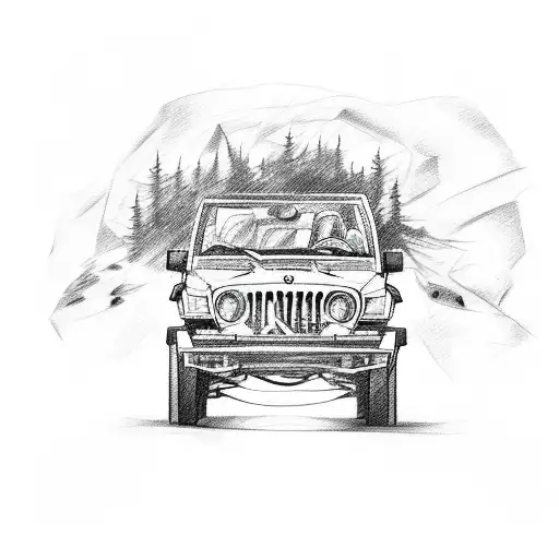 A sketch-style tattoo of a Jeep cruising through Stars Hollow tattoo design idea