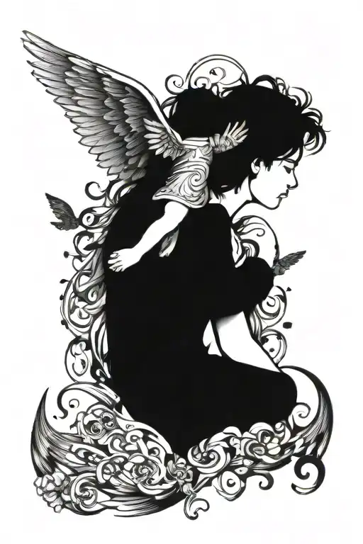 heart shape Wings with Autistic puzzle with girl on daddys shoulders walking to heaven  tattoo design idea