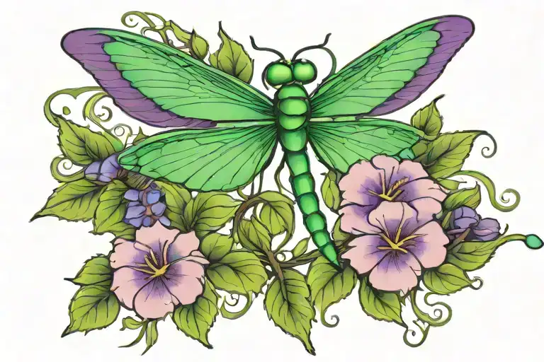 green dragonfly purple morning  glories   tattoo design idea
