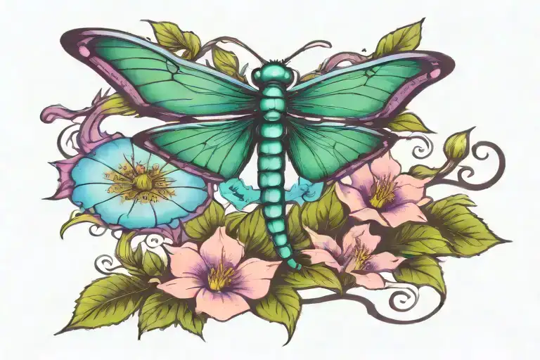 green dragonfly purple morning  glories   tattoo design idea